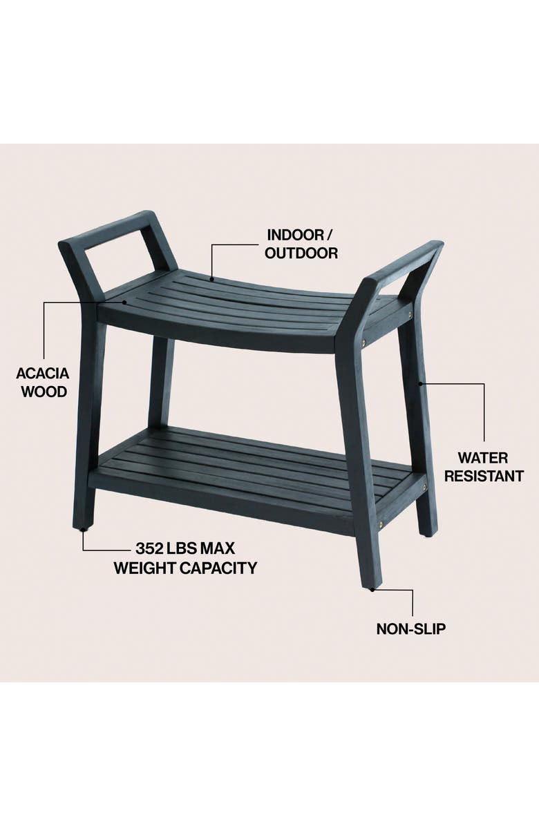 JONATHAN Y Orla 25.6" Modern Classic Slatted Solid Acacia Wood Indoor/Outdoor Shower Bench with Shelf and Handle, Alternate, color, Black