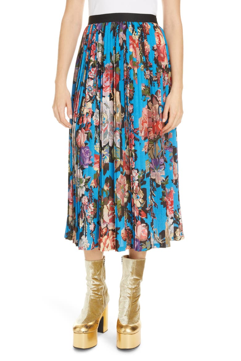 Saram Floral Pleated Midi Skirt, Main, color, BLUE