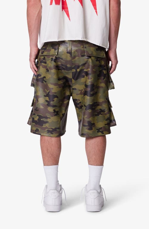 Mnml Baggy Camo Faux Leather Cargo Shorts In Green