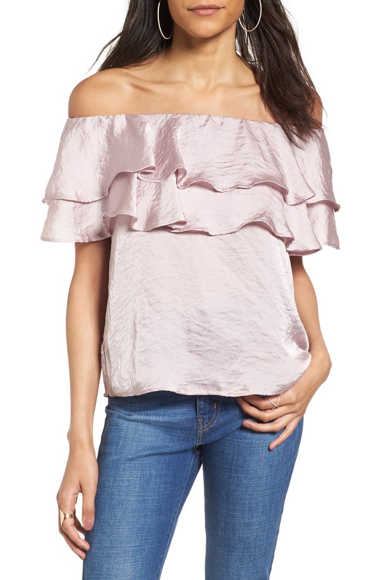 Ruffle Satin Off the Shoulder Top, Main, color, PURPLE PUFF