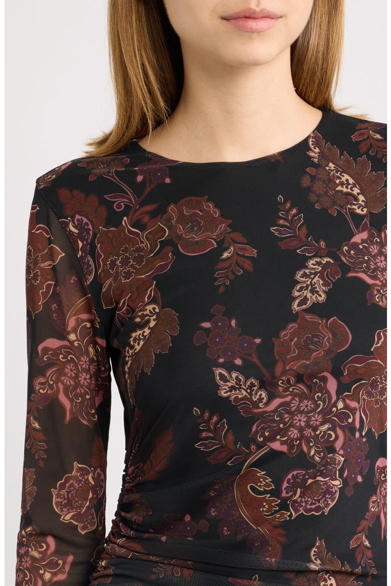 Whispers of Bohemia Floral Long Sleeve Mesh Midi Dress, Alternate, color, BLACK-PLUM-FLORAL