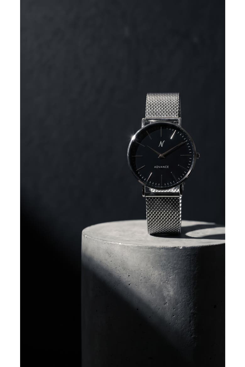 Advance Night Cap Mesh Bracelet Watch, 40MM, Alternate, color, Hushed Silver/Obsidian Black