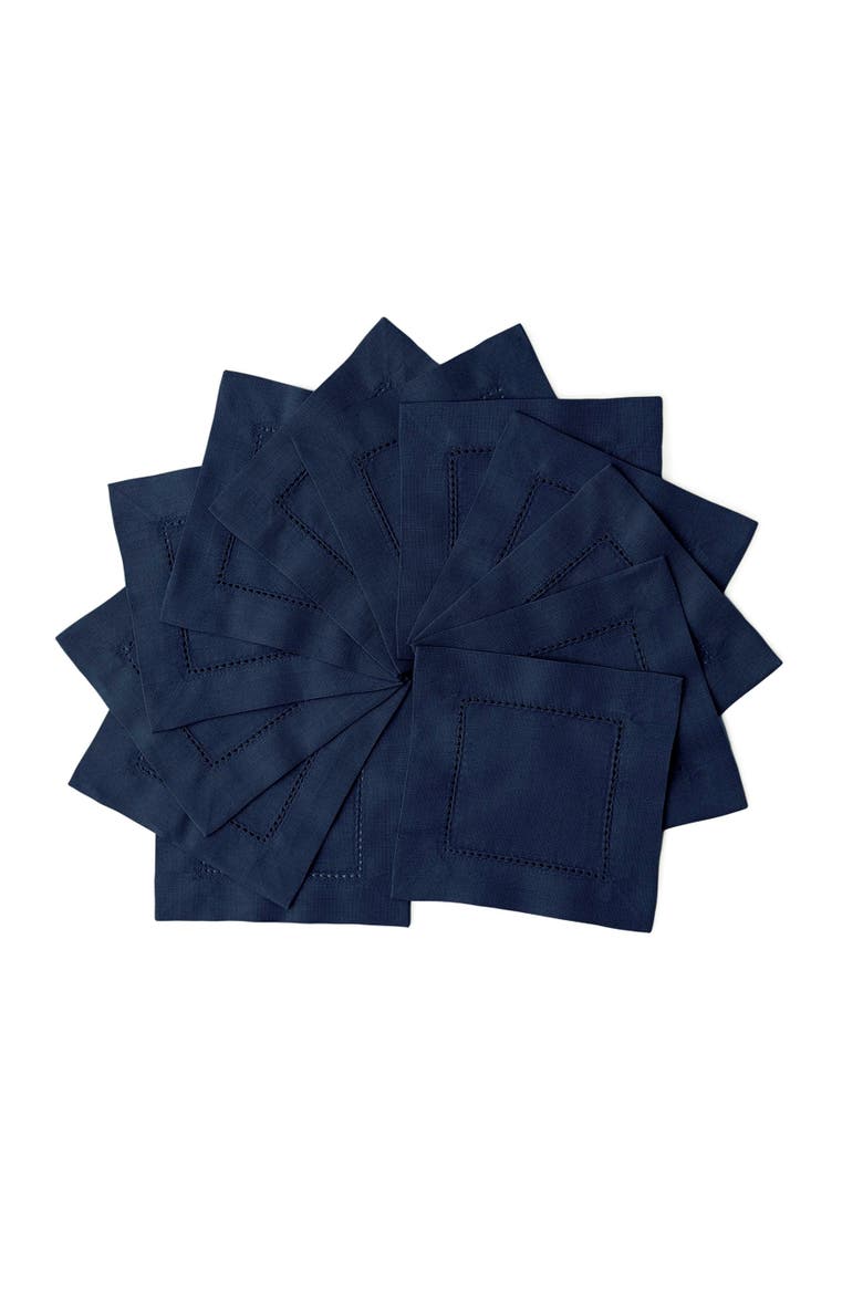 Cotton Linen Hemstitch Cocktail Napkins Set of 12, 6 x 6", Main, color, Navy