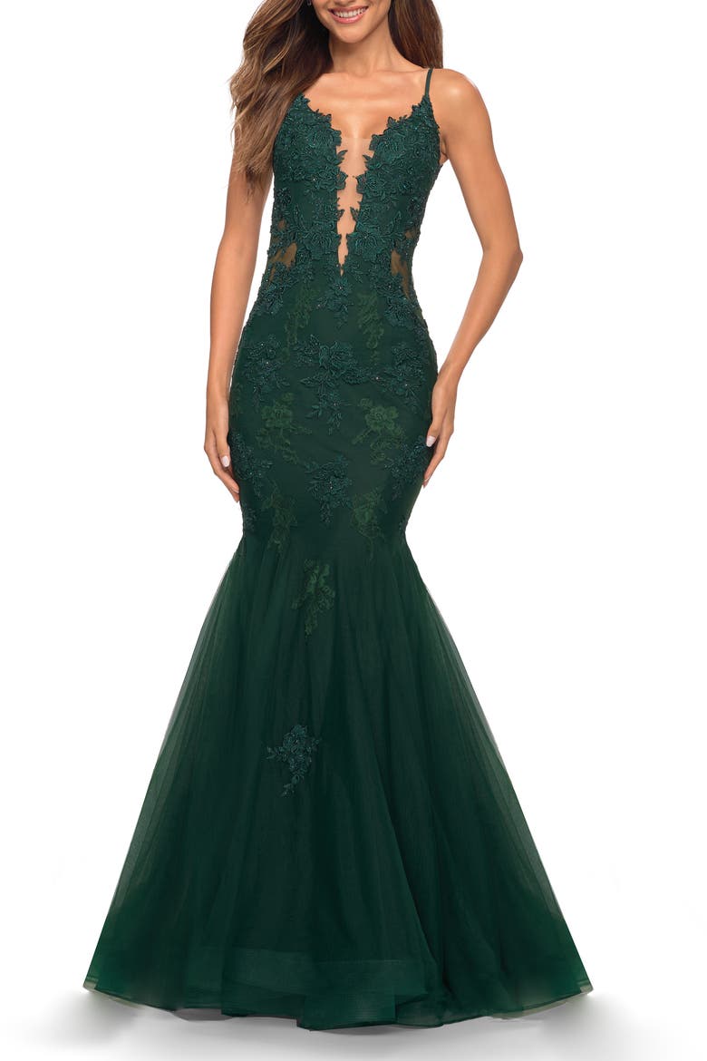 Tulle and Lace Mermaid Gown in Jewel Tones, Alternate, color, Dark Emerald