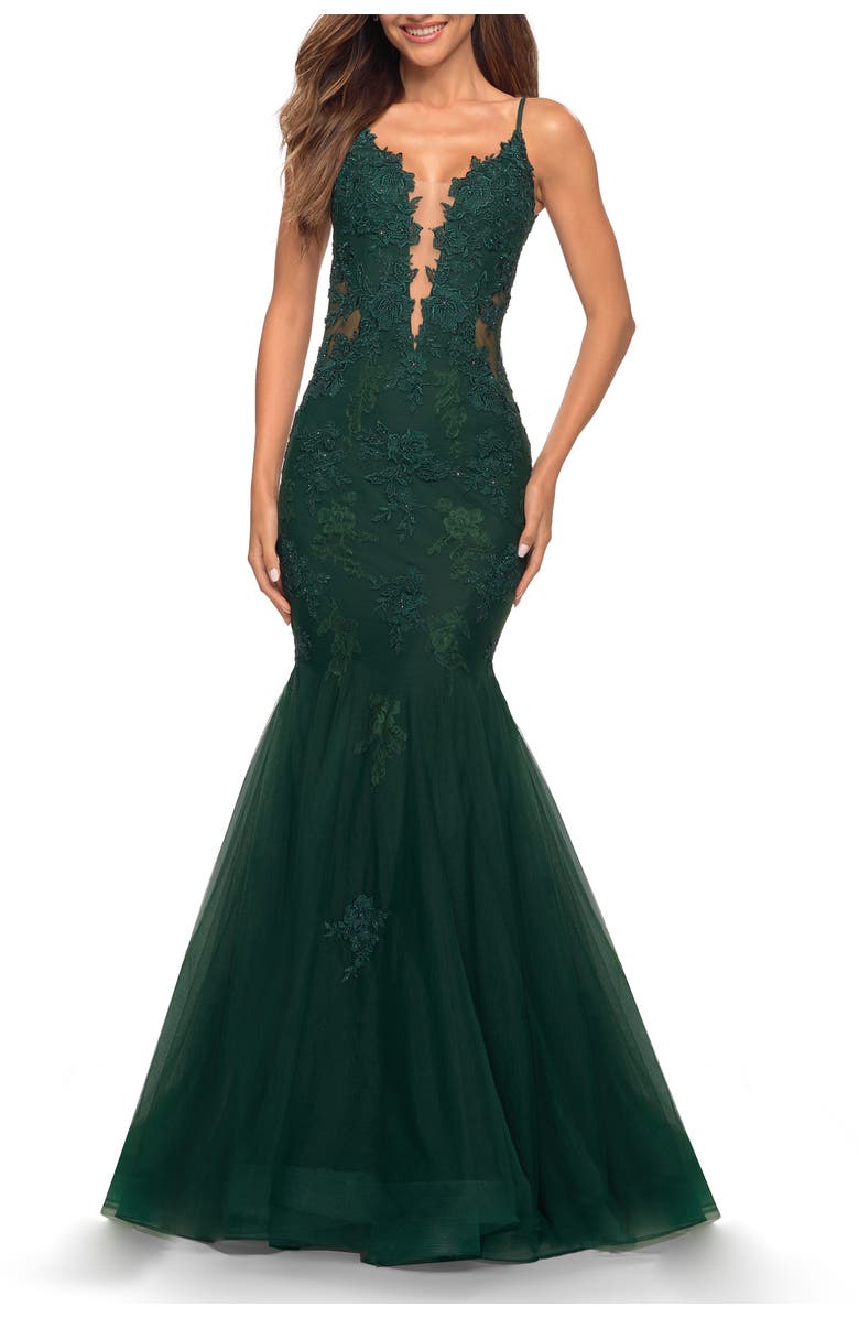 La Femme Tulle and Lace Mermaid Gown in Jewel Tones, Alternate, color, Dark Emerald