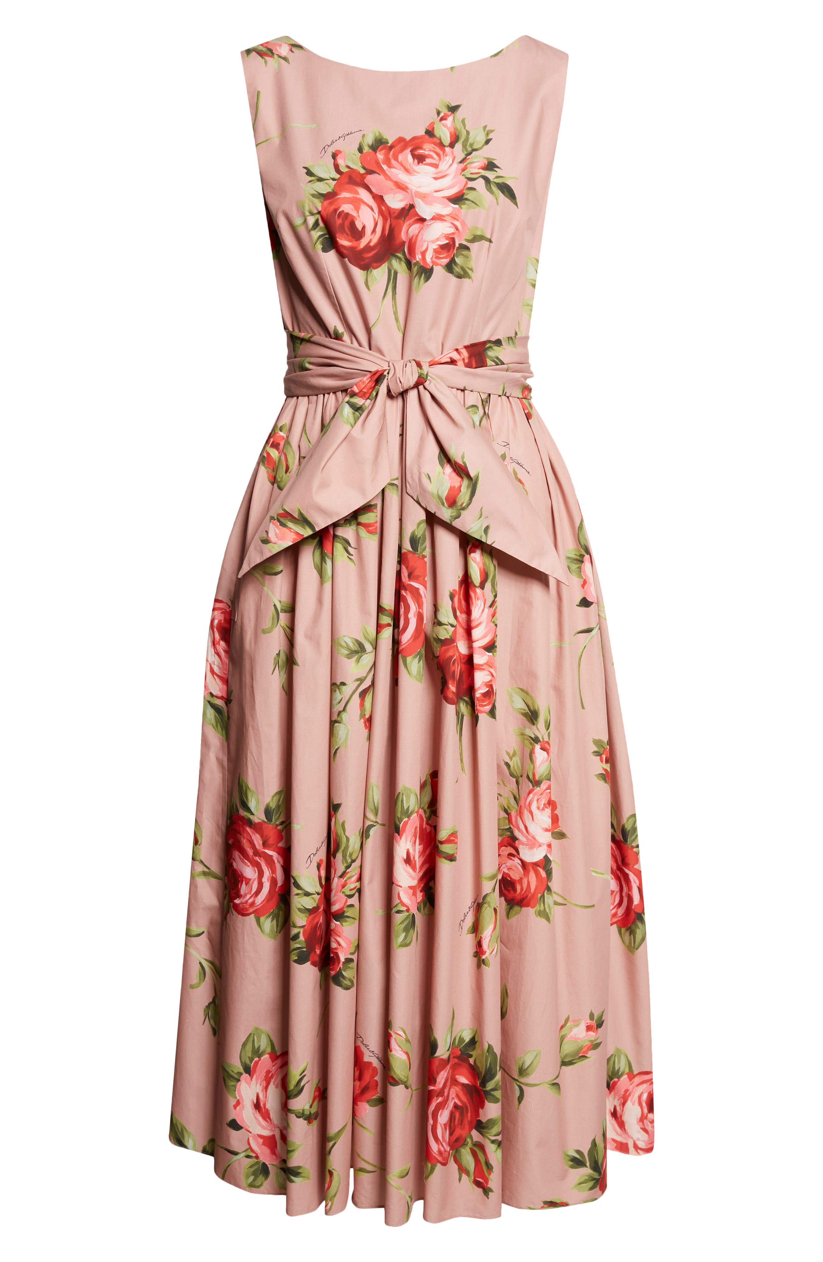 Dolce & Gabbana Dolce&gabbana Rose Bouquet Print Gathered Cotton Poplin Dress In Pink