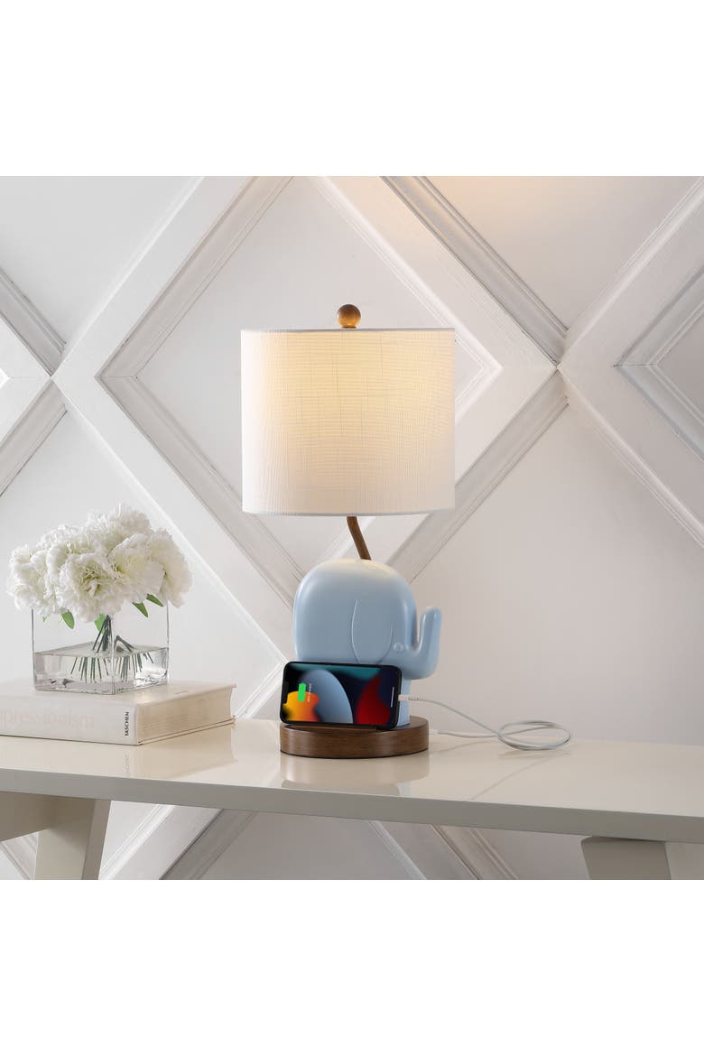 Ellie Bohemian Designer Iron/Resin Elephant LED Kids' Table Lamp with Phone Stand and USB Charging Port, Alternate, color, Blue