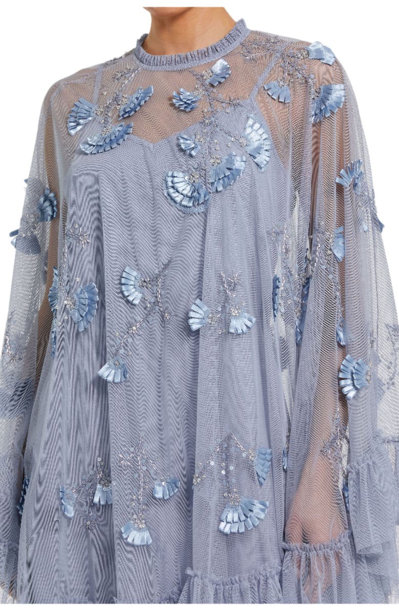 Mac Duggal Embellished Long Sleeve Trapeze Dress with Ruffle Hem, Alternate, color, Powder Blue