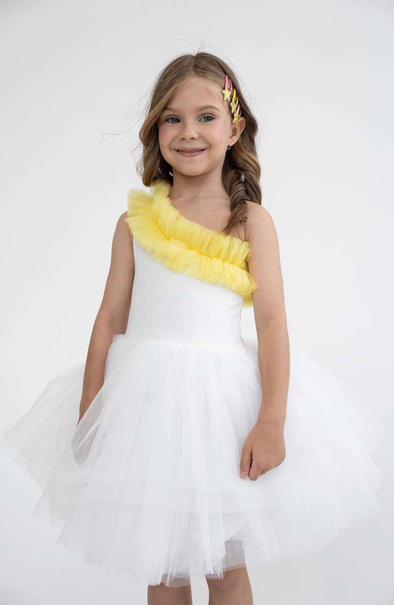 Mini Celebrities Fiona One Shoulder Ruffle Tulle Dress, Alternate, color, White Lily Yellow Ruffle