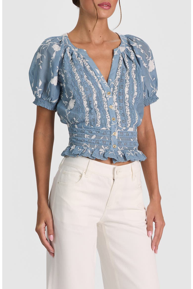 Kathryn Lace & Embroidered Crop Top, Alternate, color, DEEP DENIM BLUE/ OFF WHITE