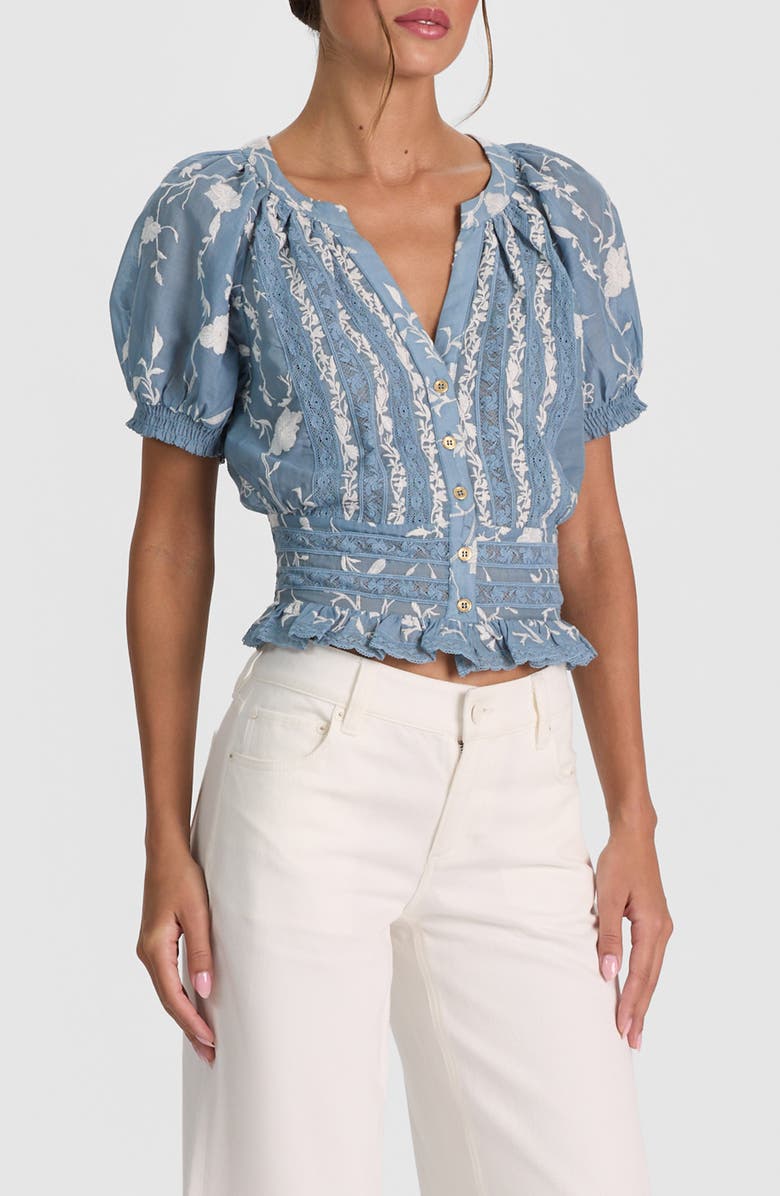 Alice + Olivia Kathryn Lace & Embroidered Crop Top, Alternate, color, Deep Denim Blue/ Off White