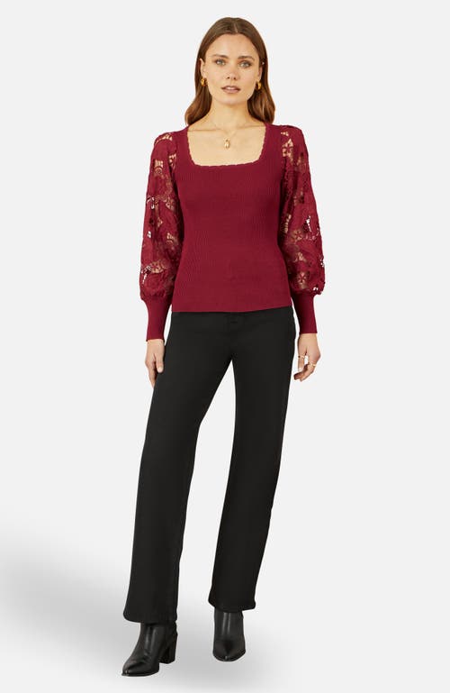 Yumi Ribbed Knitted Lace Sleeve Top In Burgundy