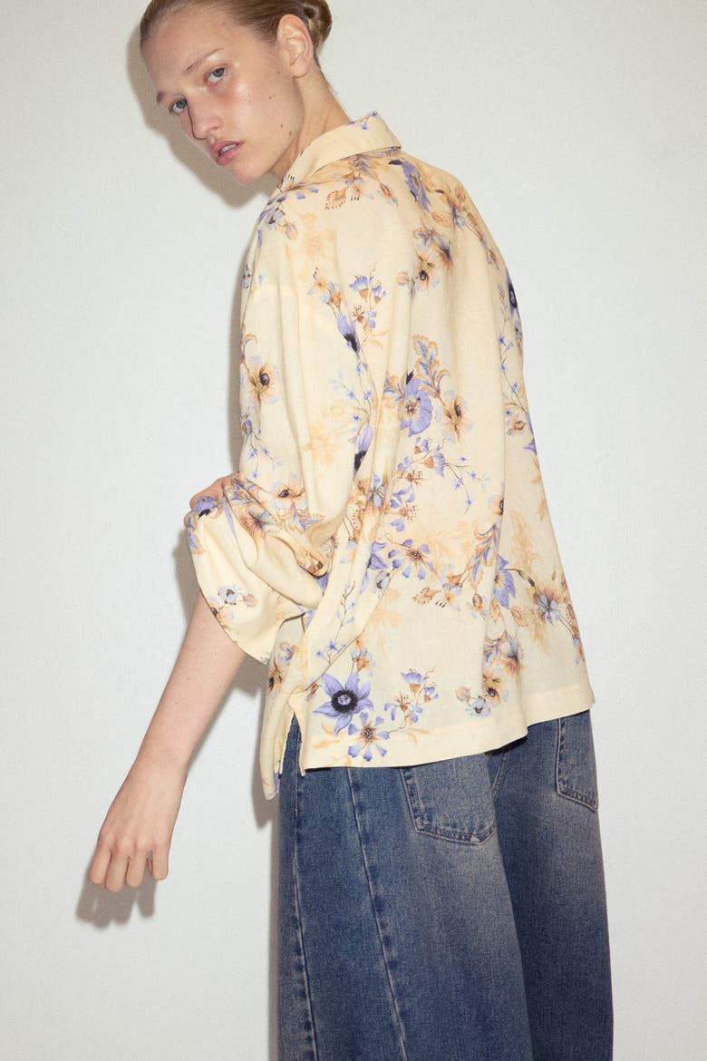 Oversized Linen-blend Shirt, Alternate, color, Light yellow/floral