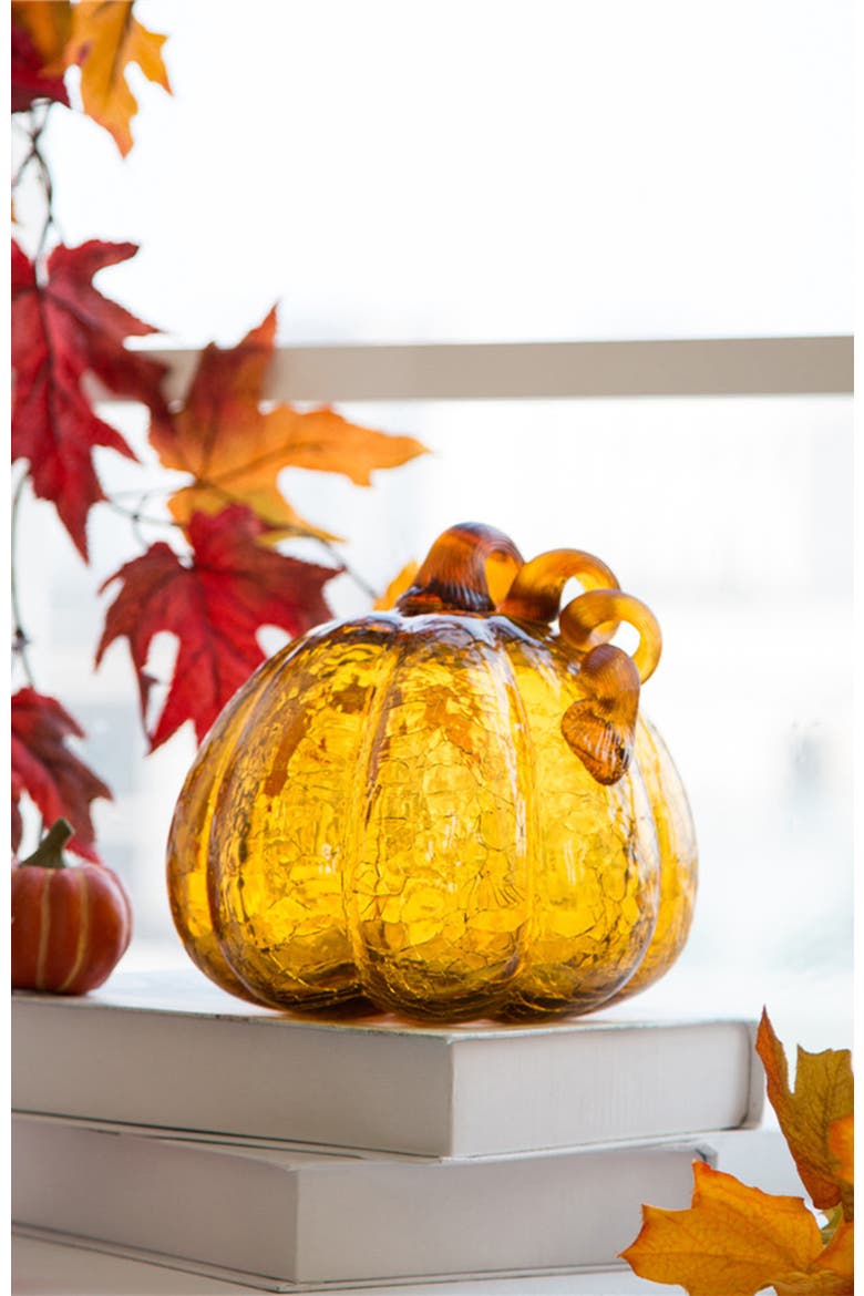 7.75"D Amber Crackle Glass Pumpkin, Alternate, color, Orange