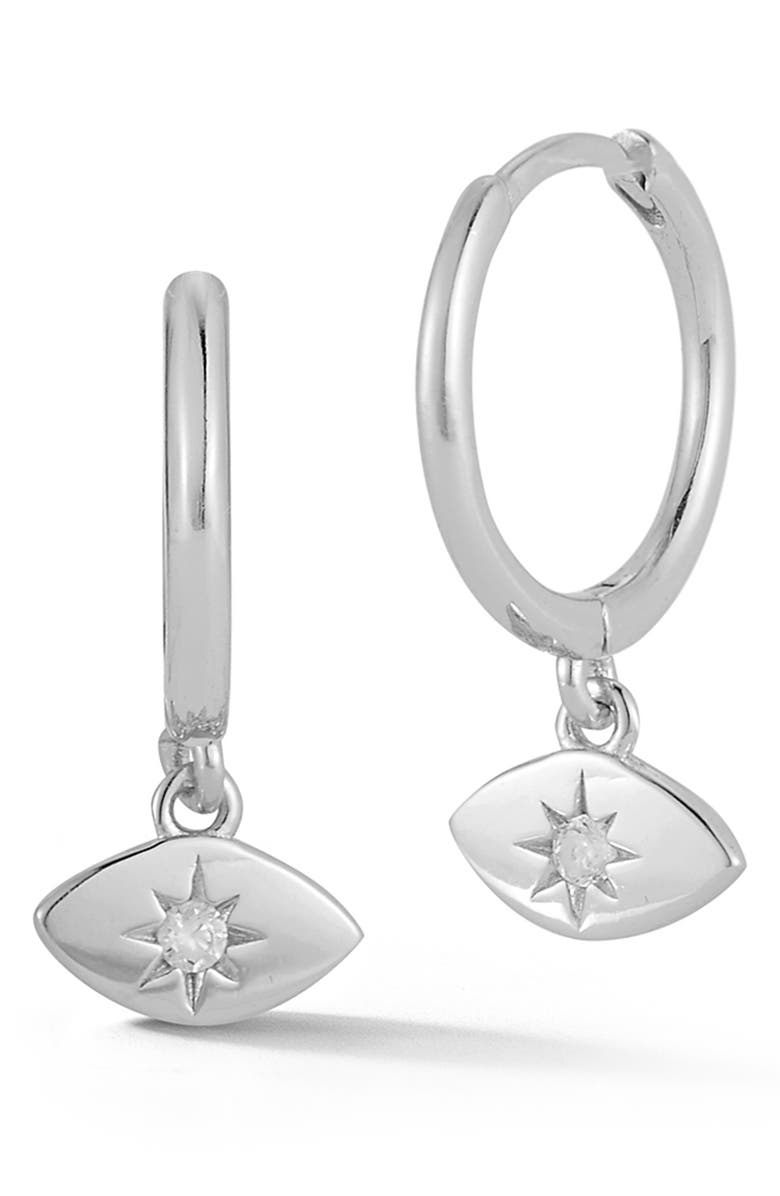 GLAZE JEWELRY Rhodium Plated Sterling Silver CZ Evil Eye Drop Huggie Earrings, Main, color, 
