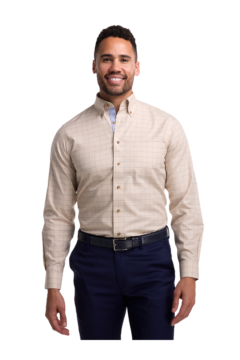Cotton Buttondown Collar Twill Slim Contrast Trim Button Cuff Long Sleeve, Alternate, color, Tan