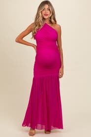 PinkBlush Ruched Mesh One Shoulder Maxi Dress