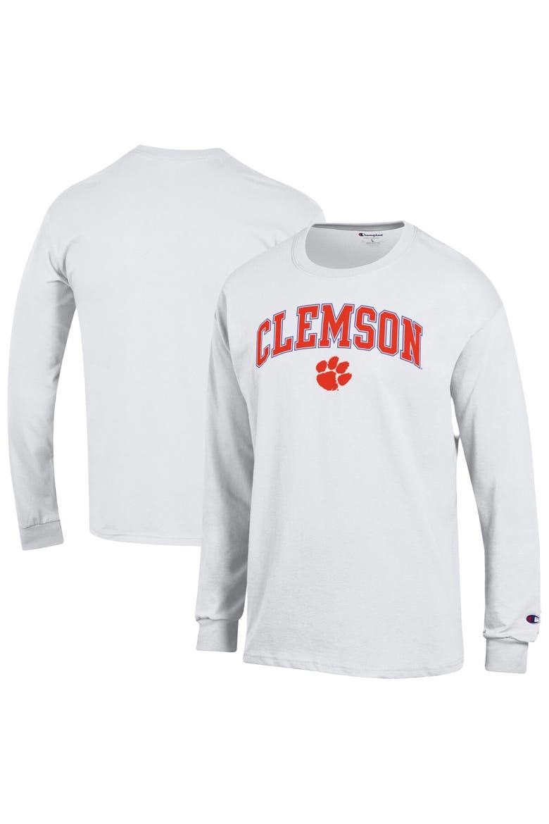 Men's Champion  White Clemson Tigers Arch Over Logo Long Sleeve T-Shirt, Alternate, color, White