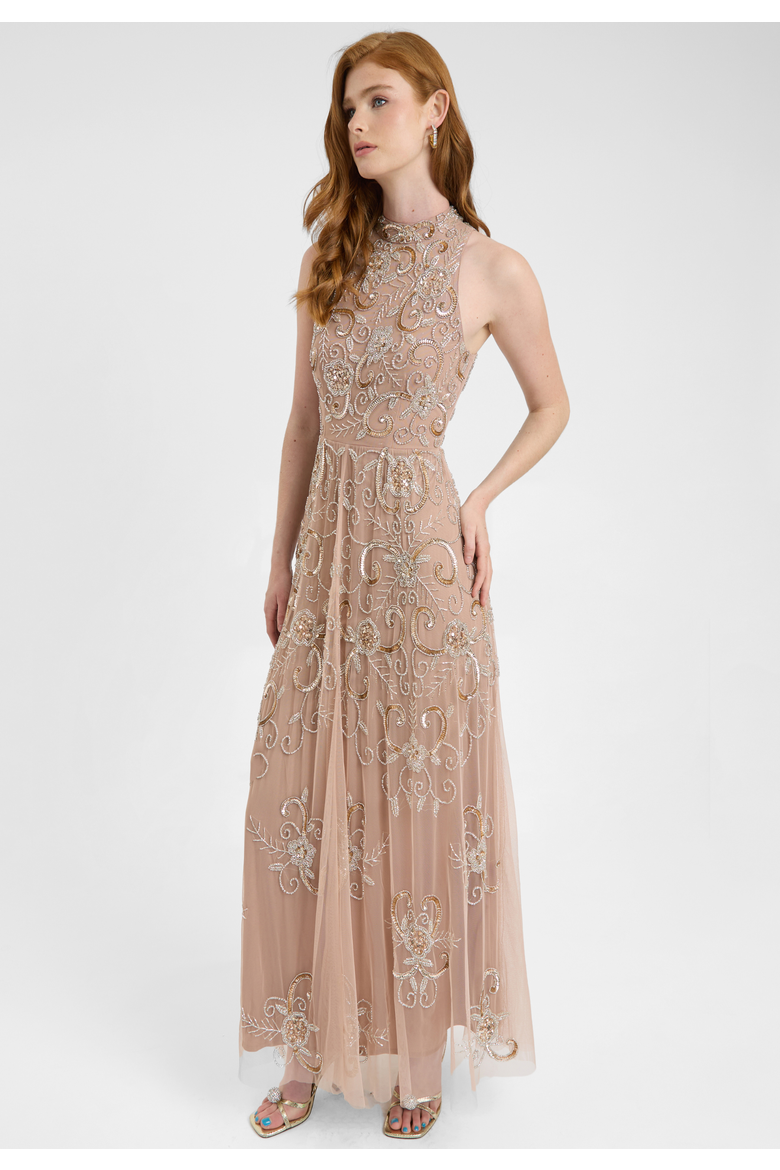 Embellished Sequin Beaded Maxi Dress With High Neckline With Sleeveless Design, Alternate, color, TAUPE BLUSH