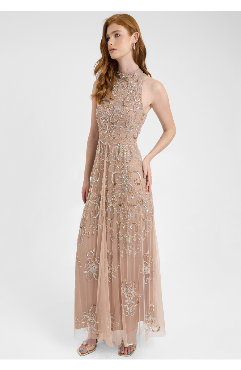 BEAUUT Embellished Sequin Beaded Maxi Dress With High Neckline With Sleeveless Design, Alternate, color, Taupe Blush