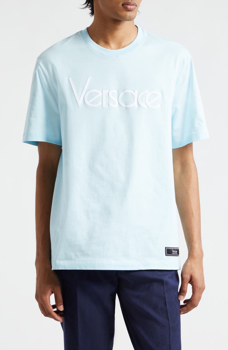 Versace 1978 Re-Edition Logo Embroidered Cotton Jersey T-Shirt, Main, color, Pale Blue
