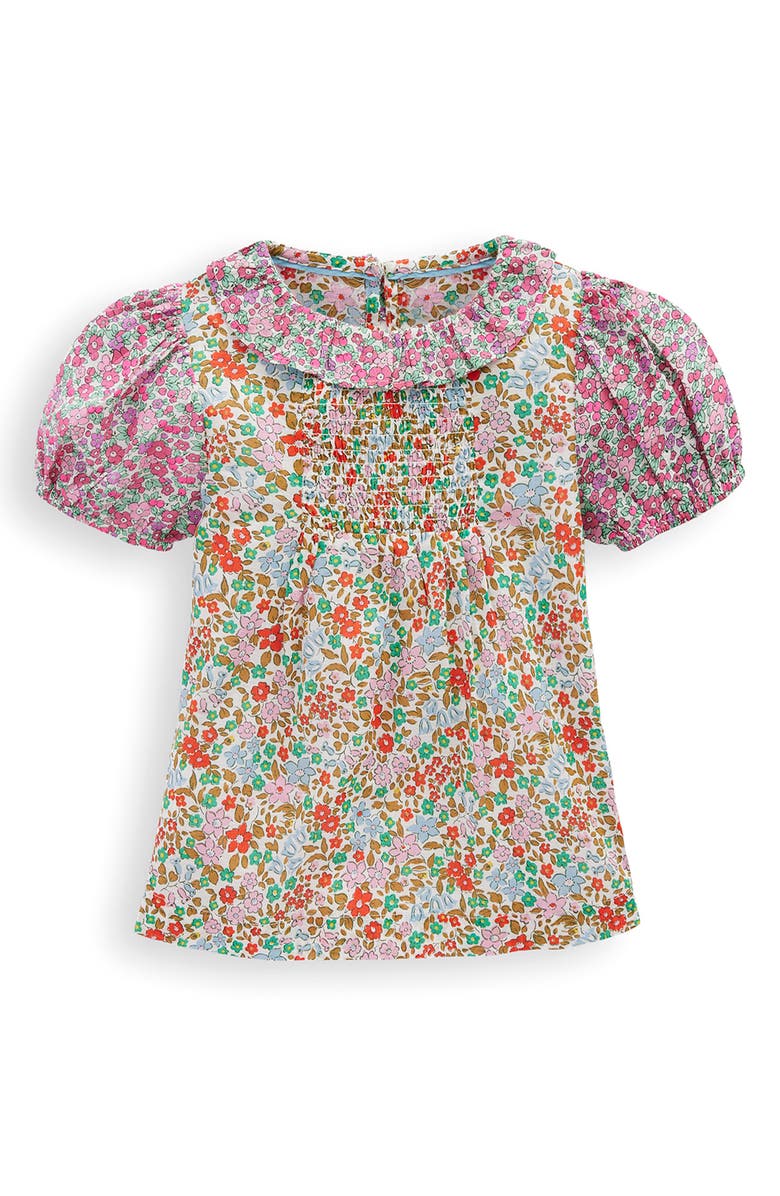 Mini Boden Kids' Ruffle Puff Sleeve Smocked Yoke Cotton Top, Main, color, Hotchpotch Floral