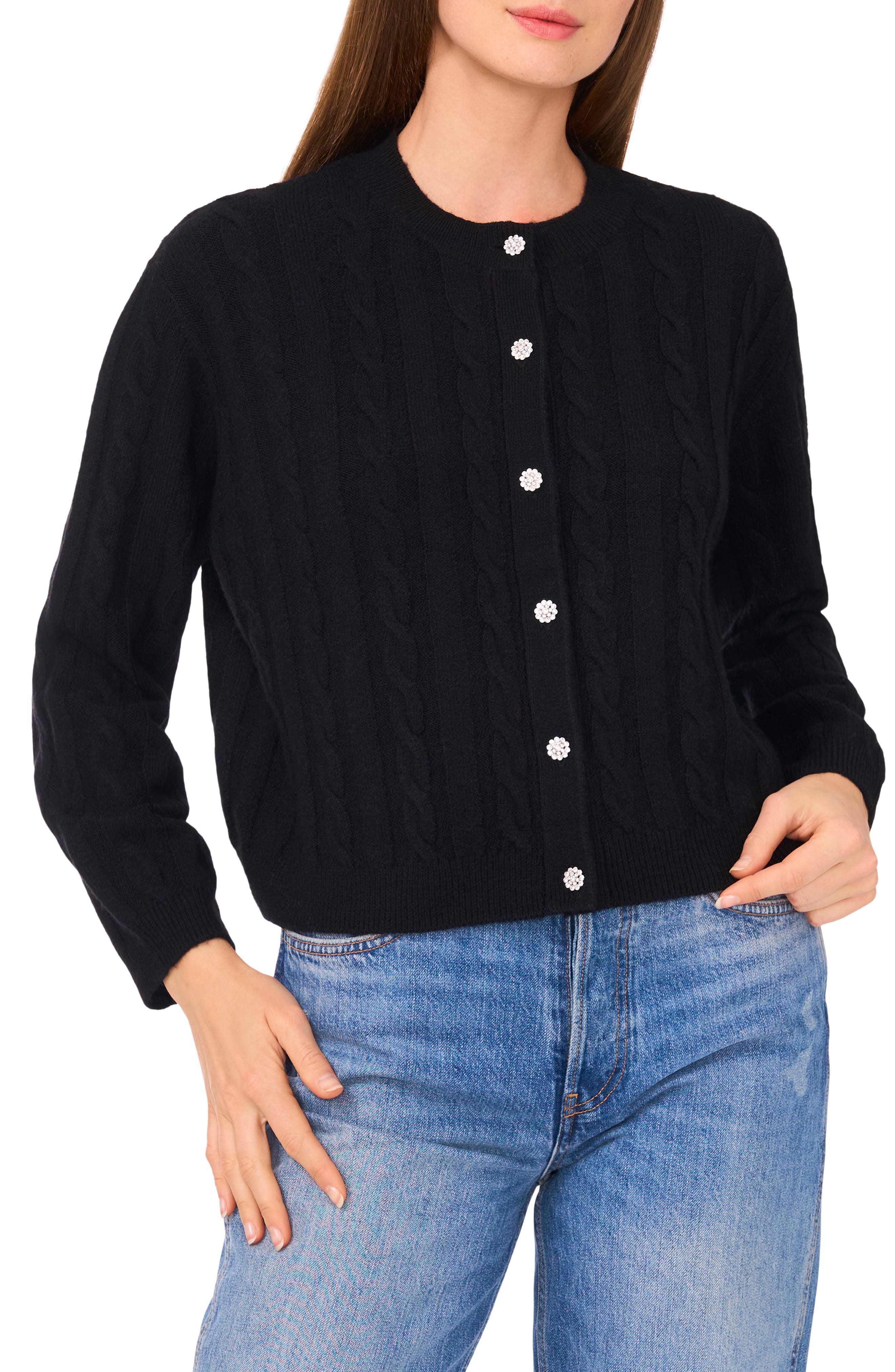 CeCe Jewel Button Cable Knit Crop Cardigan