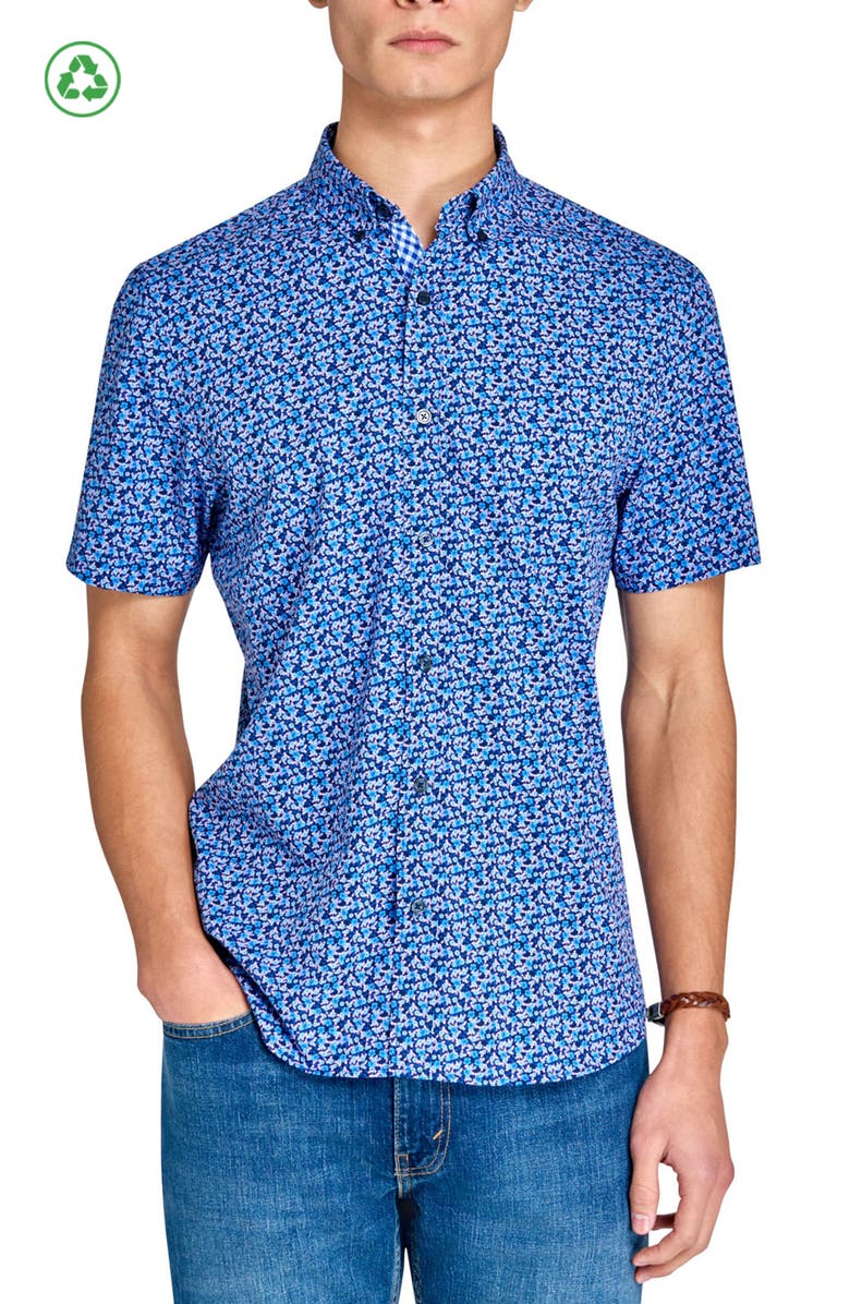 CONSTRUCT Slim Fit Clustered Floral Recycled 4-Way Stretch Performance Short Sleeve Shirt, Main, color, Navy/Pink