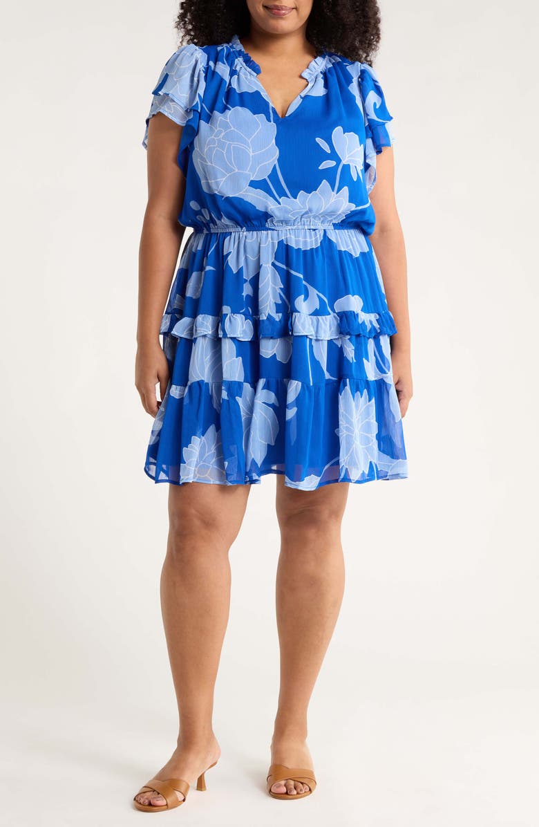 SUGARLIPS Seabloom Floral Fanny Ruffle Georgette Dress, Main, color, Cobalt-Blue