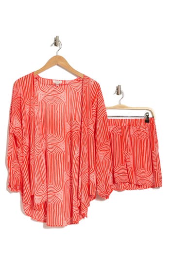 Nordstrom Rack Flowy Beach Cover-up Cardigan & Shorts Set In Red Geo Pattern