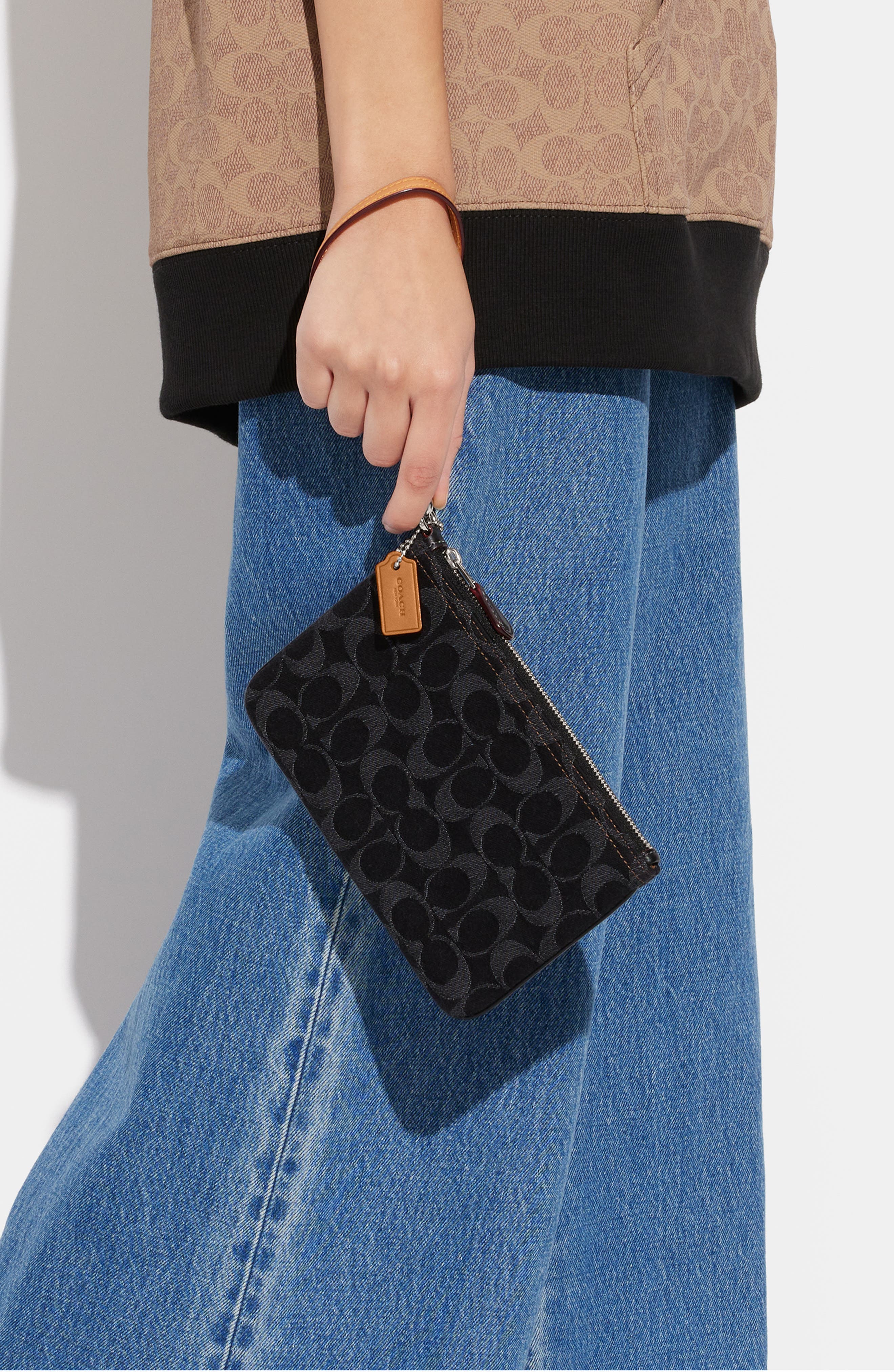 Small Signature Washed Denim Wristlet, Alternate, color, LH/ BLACK DENIM