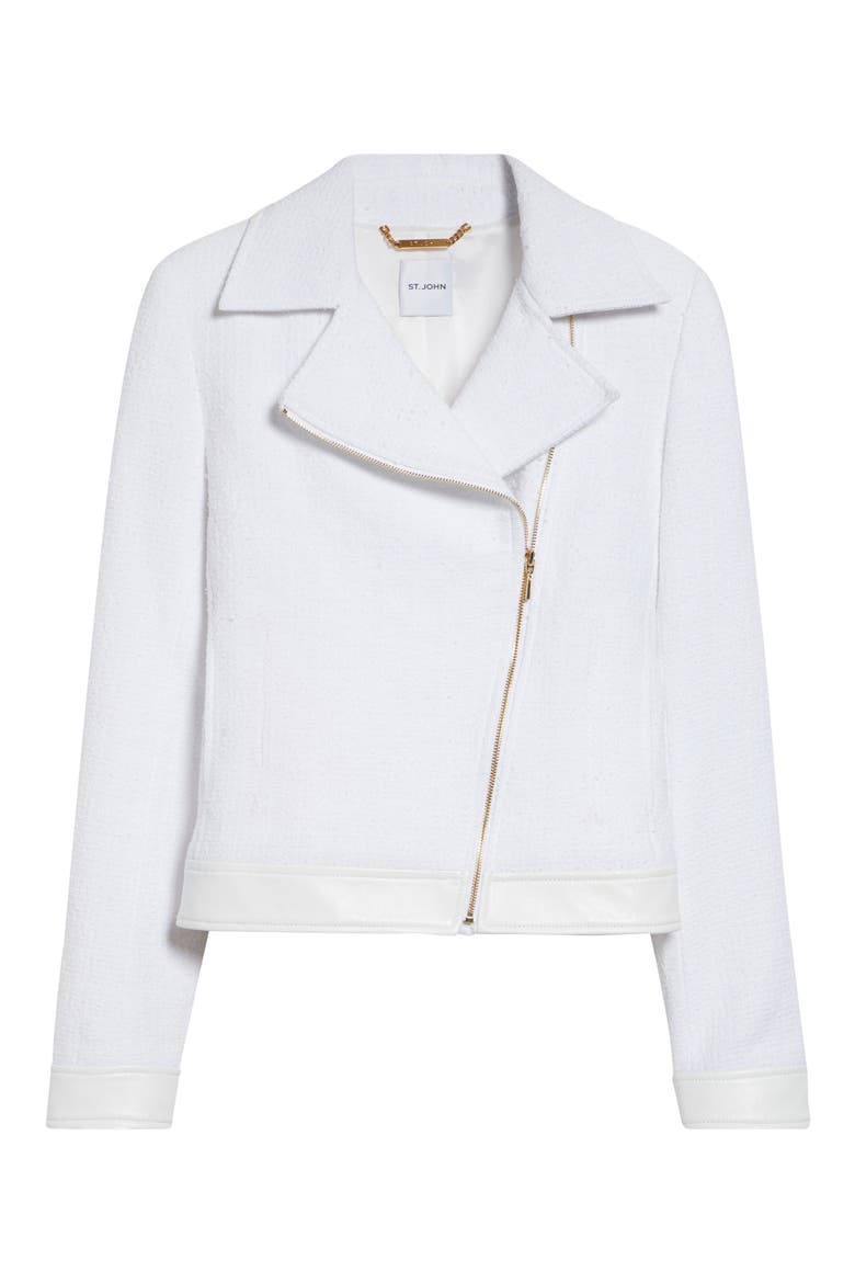 Leather Trim Matte Cotton Tweed Zip Jacket, Alternate, color, BRIGHT WHITE
