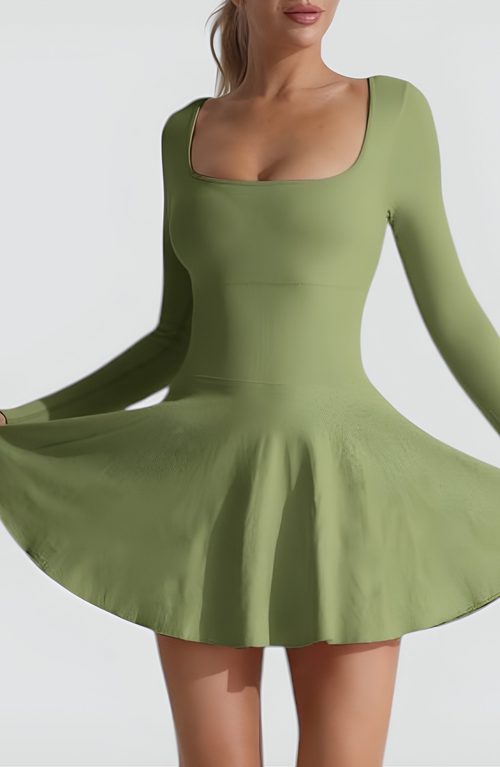 Modenaire Fit And Flare Long Sleeve Mini Dress With Square Neckline And Crisscross Open Back In Green