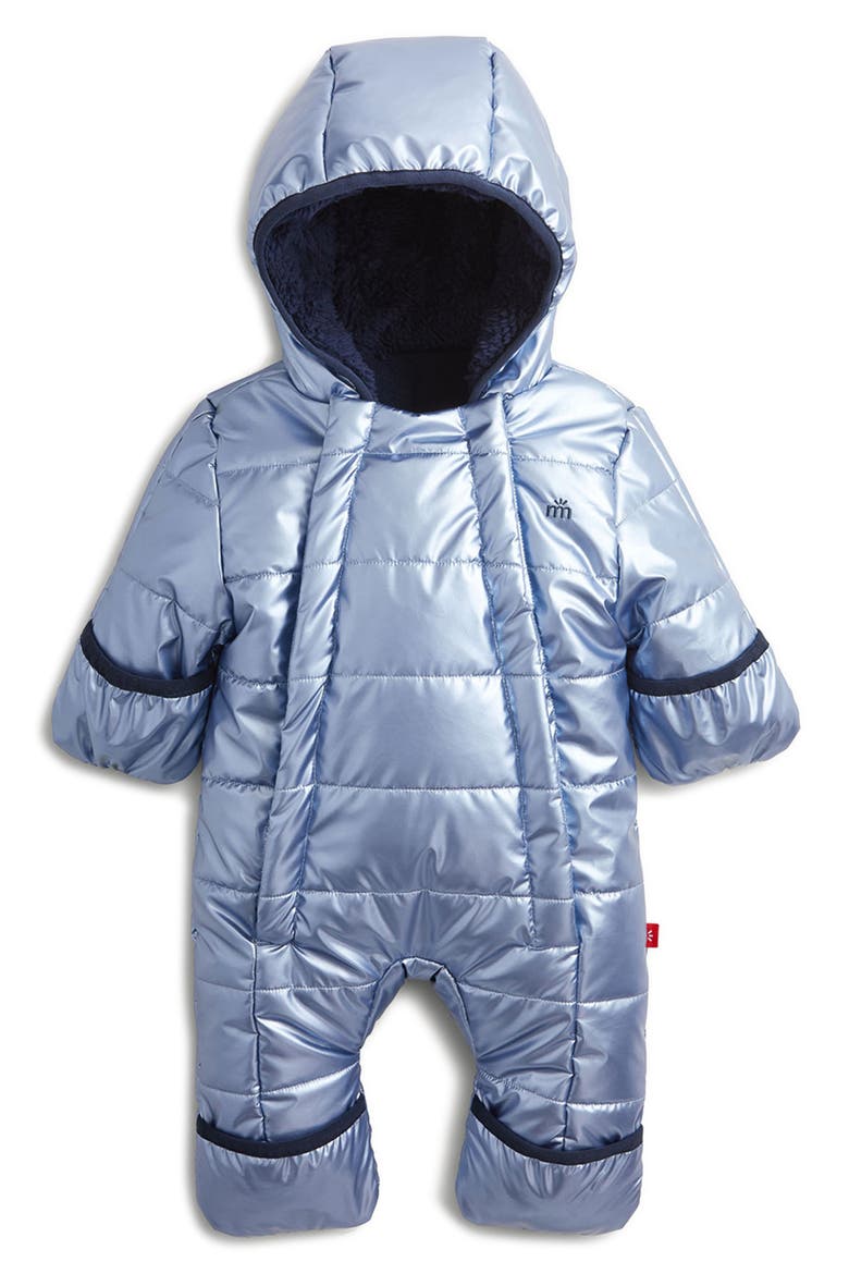 Blue Solid Metallic Magnetic Closure Puffer Snowsuit, Alternate, color, BLUEM