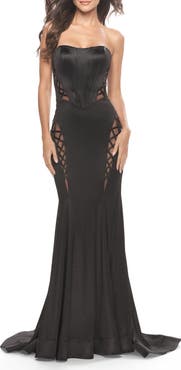La Femme Liquid Jersey Gown with Mesh Strappy Side Panels