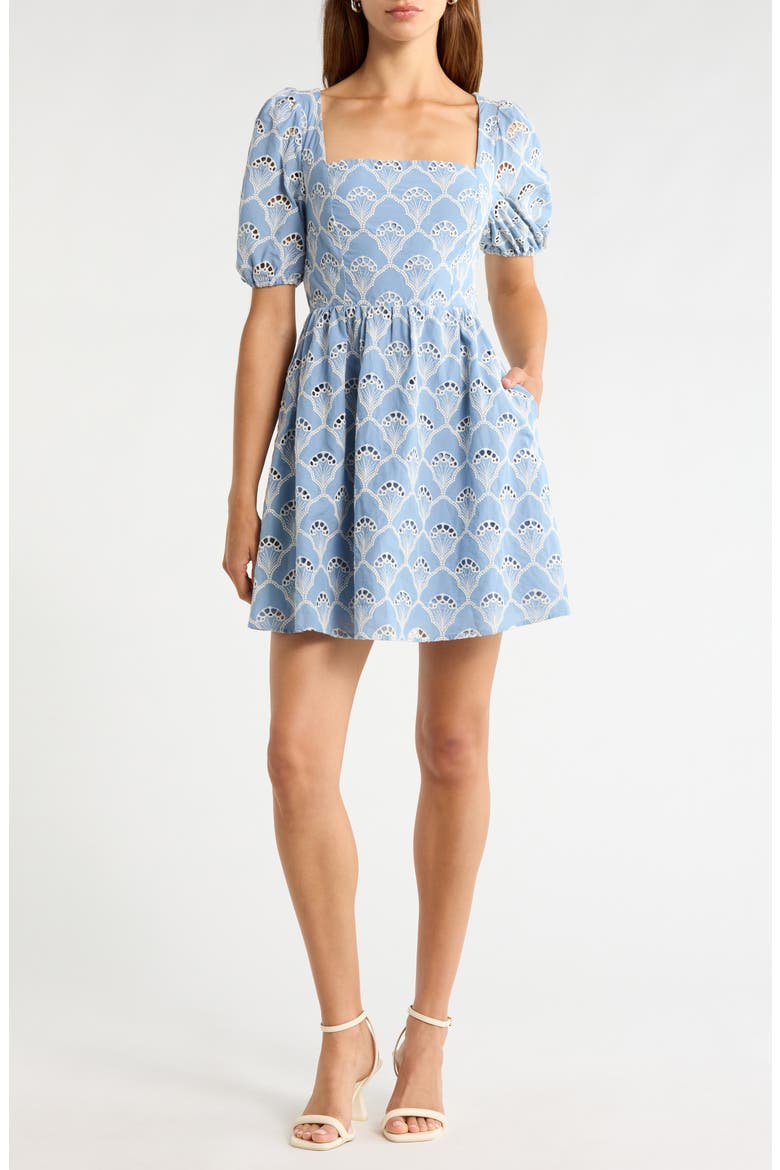 Ivana Eyelet Smocked Minidress, Main, color, BLUE-WHITE