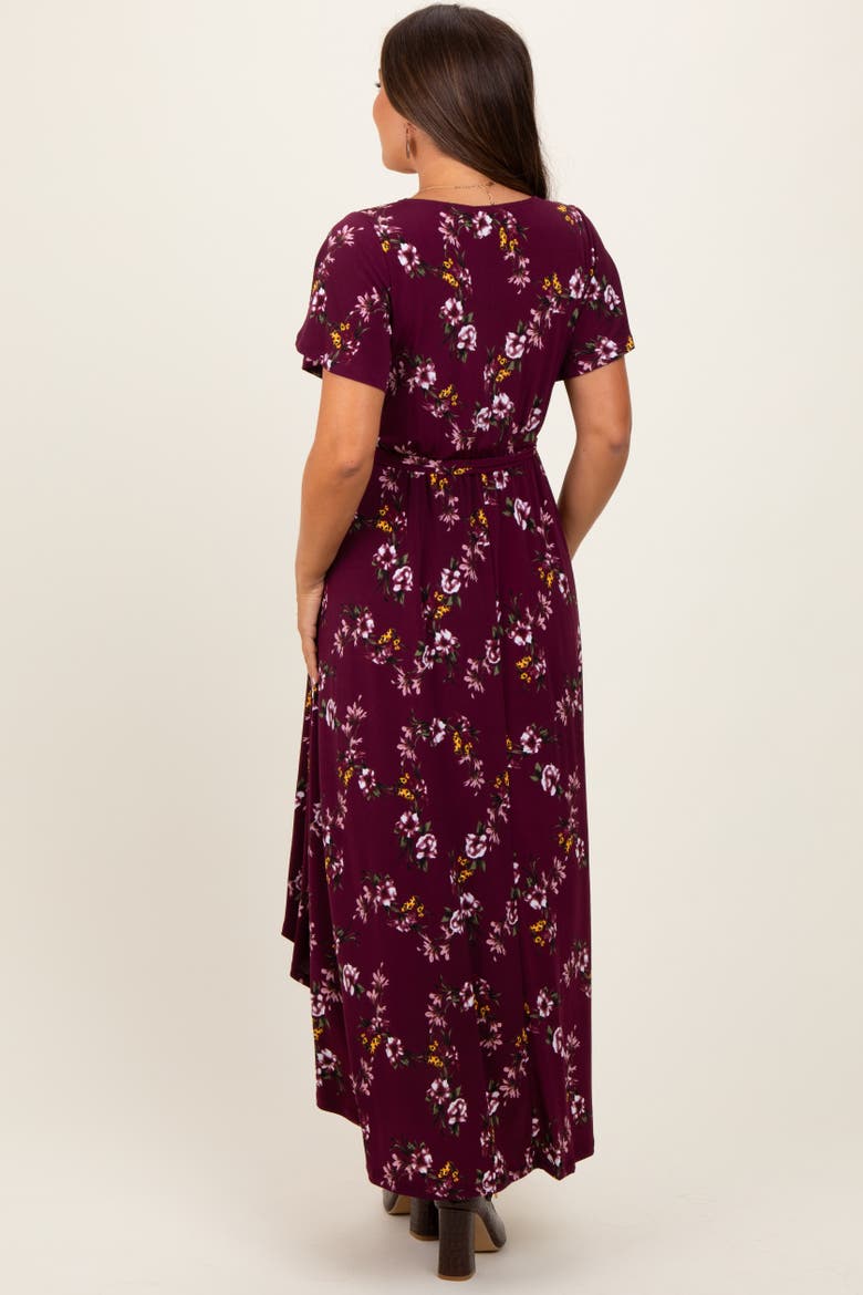 Floral Short Sleeve Wrap Hi-Low Maxi Dress, Alternate, color, Burgundy