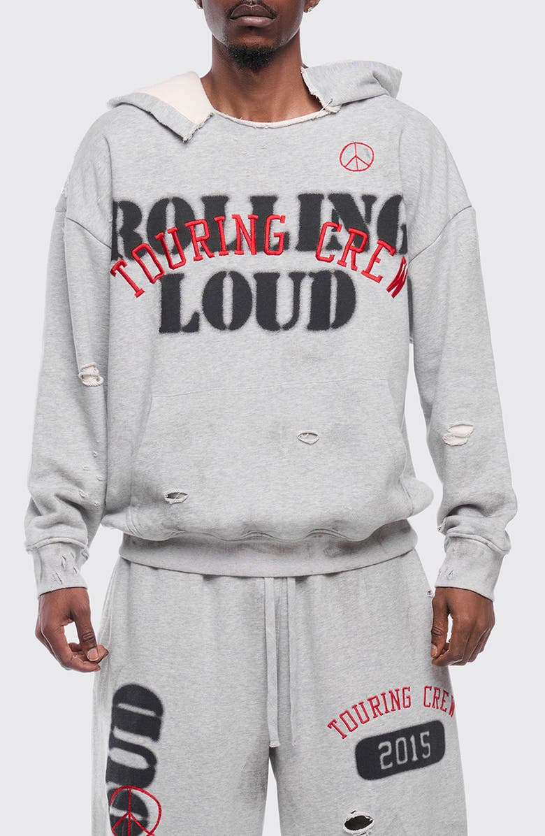 Rolling Loud RL Touring Crew Distressed Pullover Hoodie, Main, color, Heather Gray