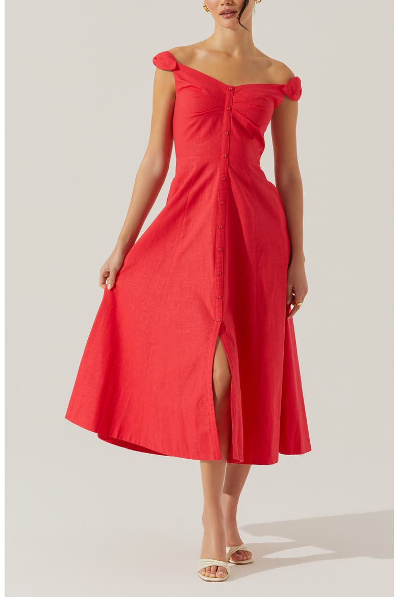 Charelin Off the Shoulder Linen Blend Midi Sundress, Alternate, color, RED