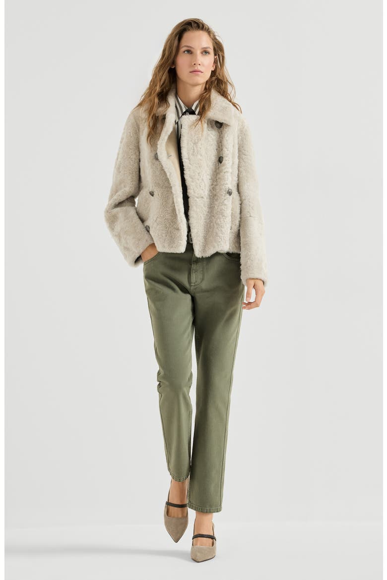 Dyed denim five-pocket straight trousers with shiny bartack, Alternate, color, Green
