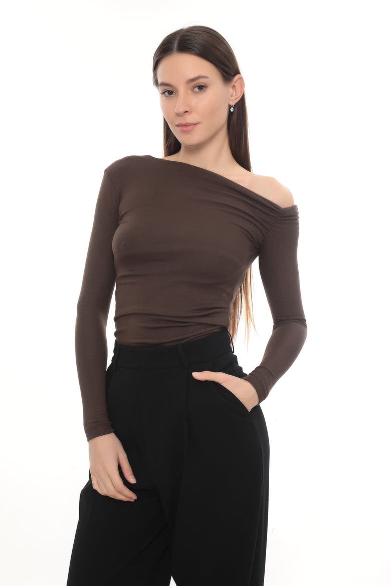 Lune Asymmetric Off-Shoulder Long Sleeve Stretch Top, Alternate, color, Brown