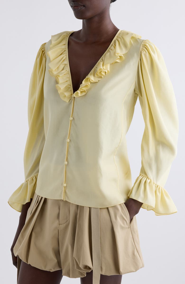 Chloé Ruffle Balloon Sleeve Silk Button-Up Shirt, Alternate, color, Powder Yellow