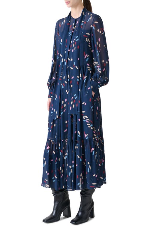 Akris Punto Dropping Dots Print Long Sleeve Georgette Midi Shirtdress In Blue