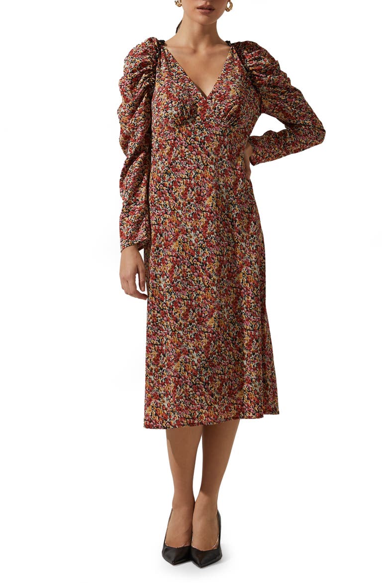 Floral Ruched Long Sleeve Midi Dress, Main, color, BLACK-RED MULTI FLORAL
