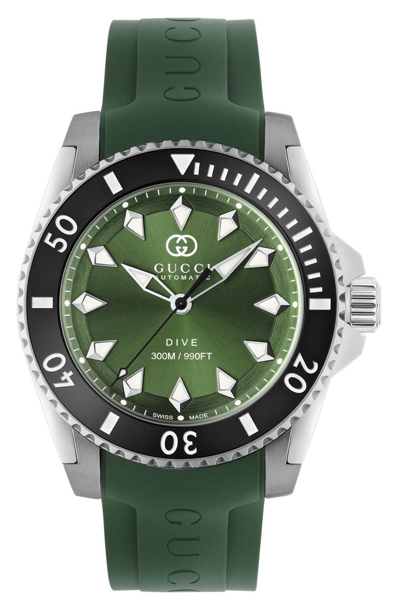 Gucci Dive Automatic Rubber Strap Watch, 40mm, Alternate, color, Green