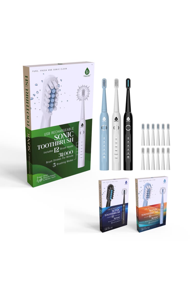 PURSONIC USB Rechargeable Sonic Toothbrush with 12 Brush Heads, Main, color, Blue