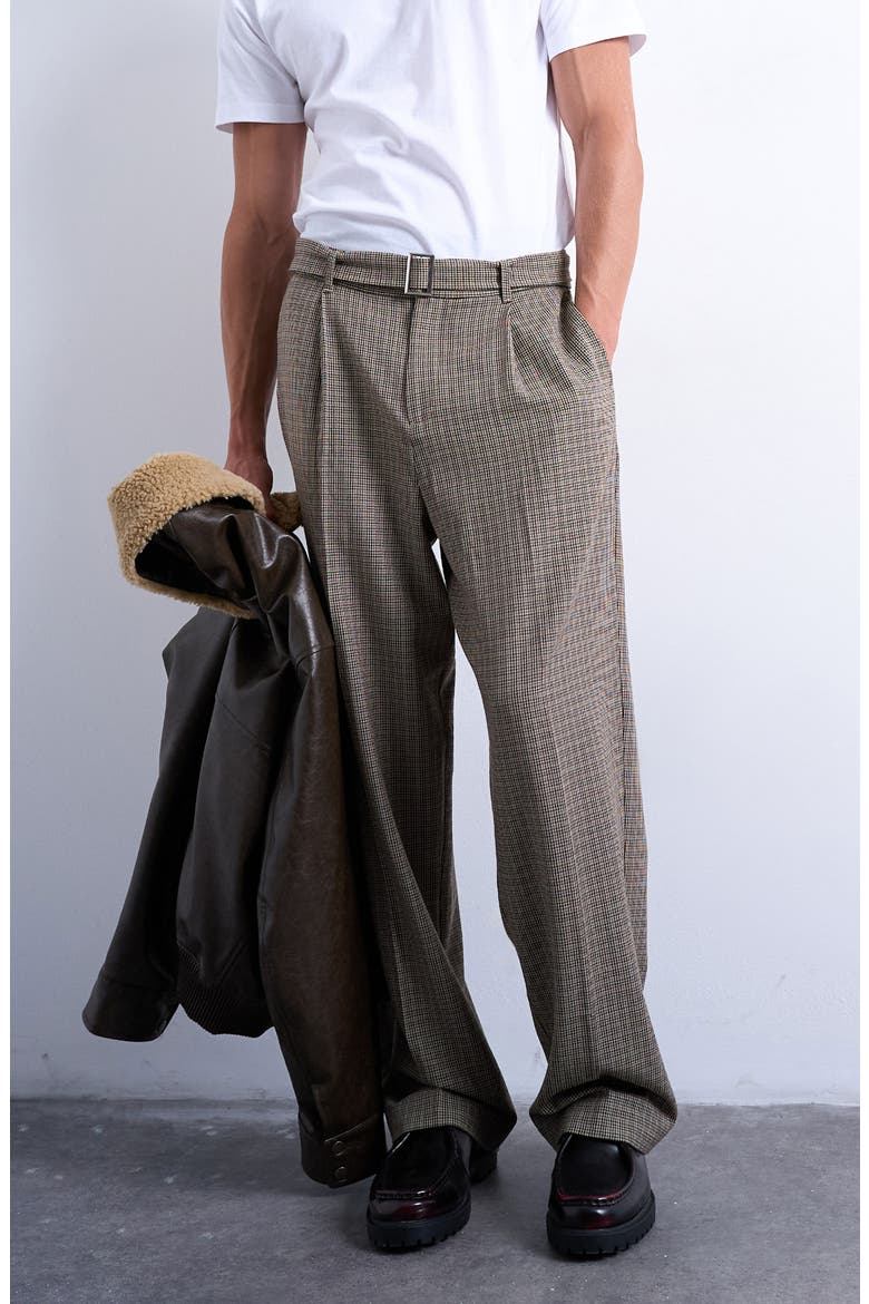 Belted Houndstooth Pants, Main, color, BROWN