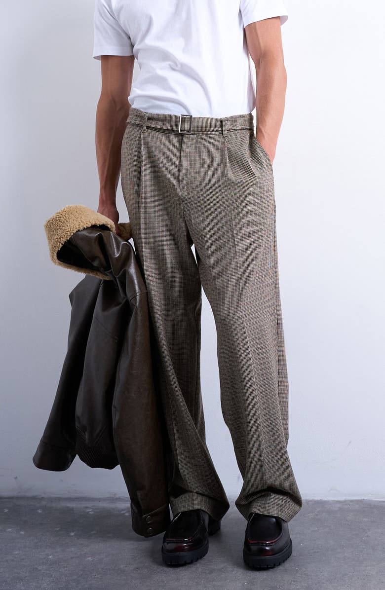 Topman Belted Houndstooth Pants, Main, color, Brown