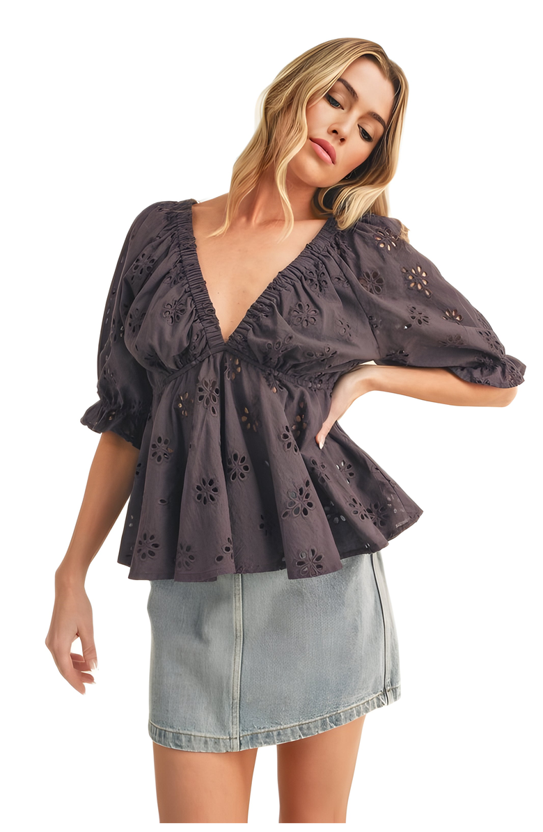 Knit and Lounge Eyelet Peplum Top with Puff Sleeves, Alternate, color, Dark Gray