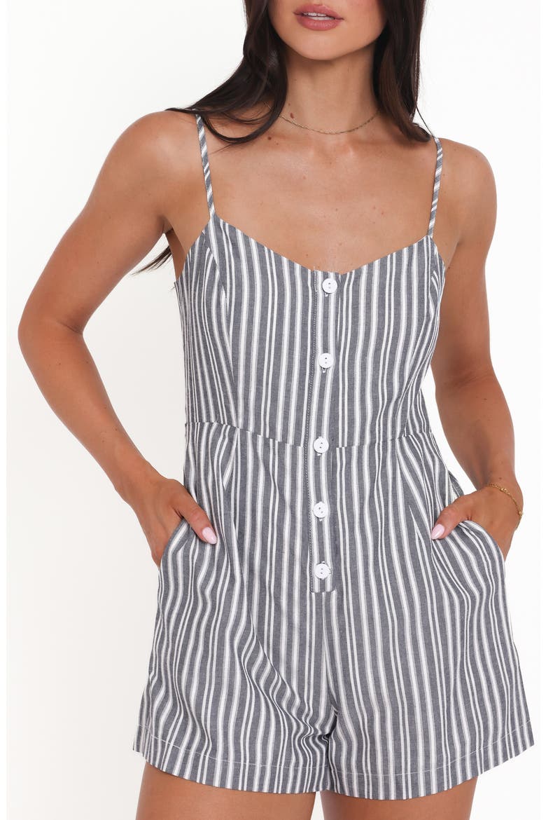 Reesa Stripe Button Front Cotton Romper, Alternate, color, SMOKE STRIPE